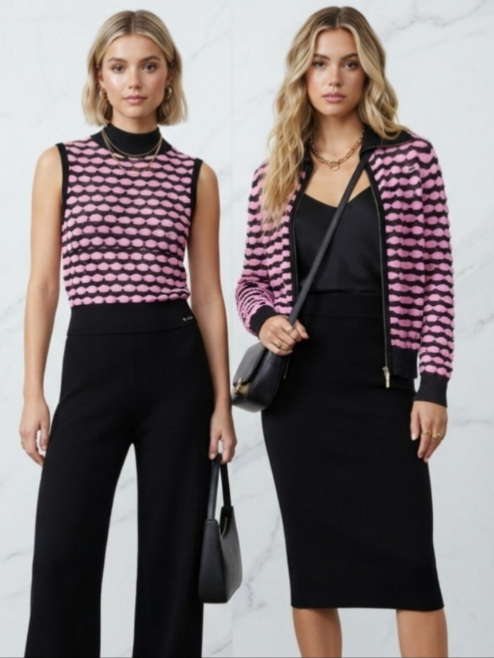 St. John Pink & Black Jacket Open Knit Twin Set Top Vintage St.John